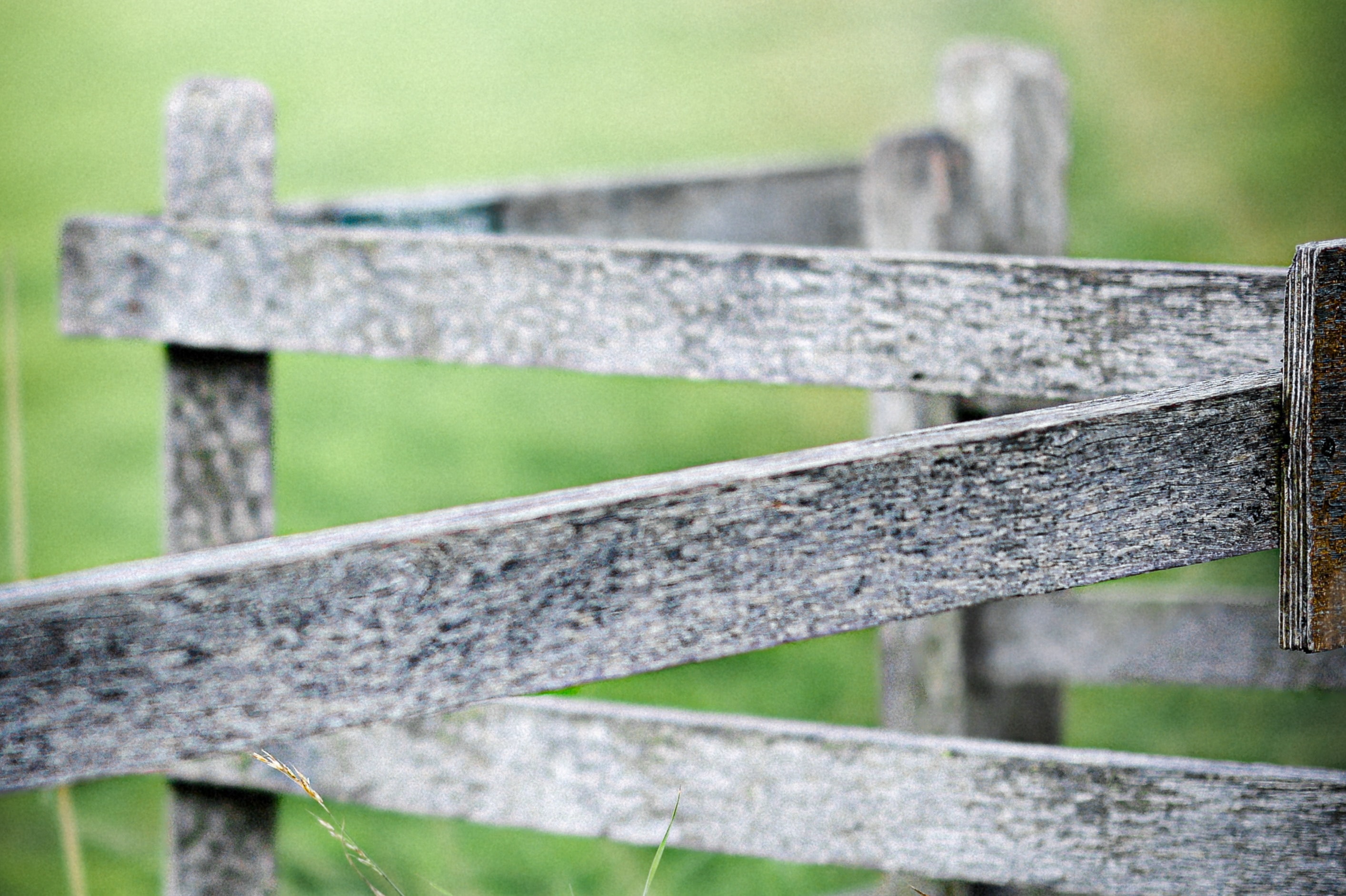Close-up of weathered grey wooden fence rails with soft green bokeh background