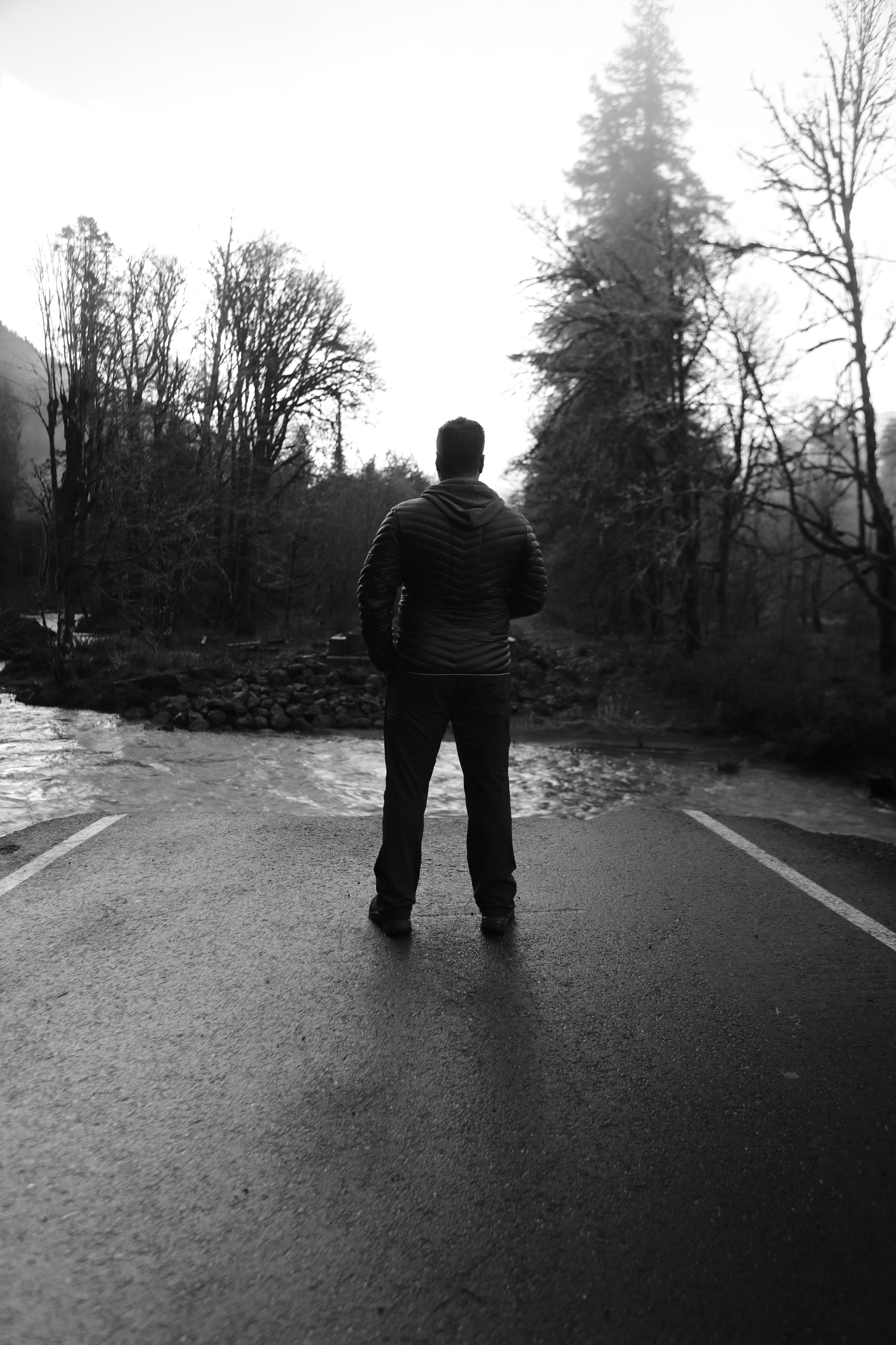 Lone figure standing on a rain-slicked road facing a rushing river crossing with bare winter trees and misty forest beyond
